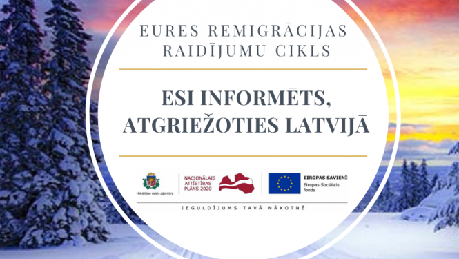 Vizualizācija, ESF un NVA logo, tekstuāls saturs; foto: skaists ziemas mežs