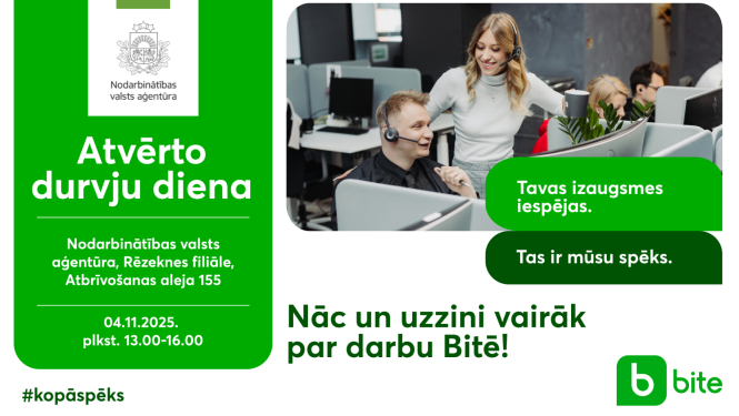 Afiša par Atvērto durvju dienu NVA Rēzeknes filiālē 2025. gada 4. novembrī. Tajā redzami cilvēki birojā ar austiņām un aicinājums: “Nāc un uzzini vairāk par darbu Bitē!”