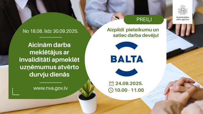 Plakāts. Atvērto durvju dienas uzņēmumos personām ar invaliditāti (18.08.–30.09.2025). Rīga: tikšanās ar darba devēju — VSIA “Traumatoloģijas un ortopēdijas slimnīca” (TOS) 09.09.2025 plkst. 11.00–13.00. Aicinājums aizpildīt pieteikumu. Fonā cilvēki pie galda uz kura novietoti dokumenti un CV. 