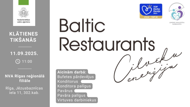 Plakāts. NVA aicina uz klātienes tikšanos ar “Baltic Restaurants” 11.09.2025 plkst. 11.00, NVA Rīgas reģionālajā filiālē (Rīga, Jēzusbaznīcas iela 11, 302. kab.). Vakances: bufetes pārdevēji, konditori, konditora palīgi, pavāri, pavāra palīgi, virtuves darbinieki. Redzami NVA, “TOP Darba Devējs 2023” un “Ģimenei draudzīga darbavieta” logotipi, sauklis “Cilvēku enerģija”.