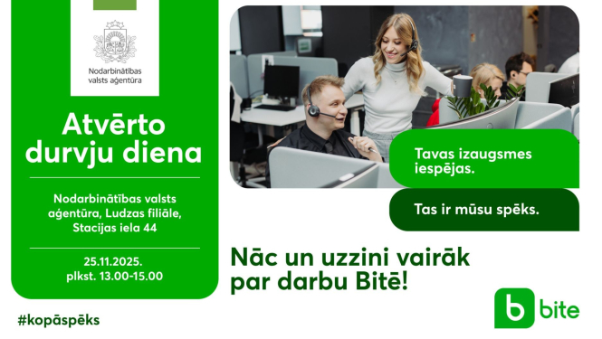 Lapā redzams zvanu centra biroja darbinieki veicot darba pienākumus un atkārtots teksts par tikšanos Ludzā