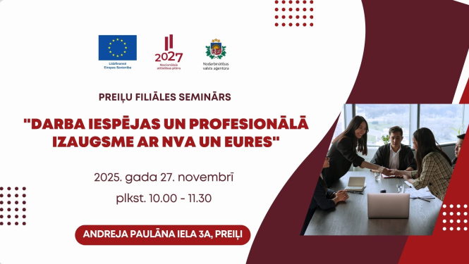 Lapā attēloti cilvēki, kuri risina darba sarunas pie galda, kā arī atkārtota par semināru publicētā informācija