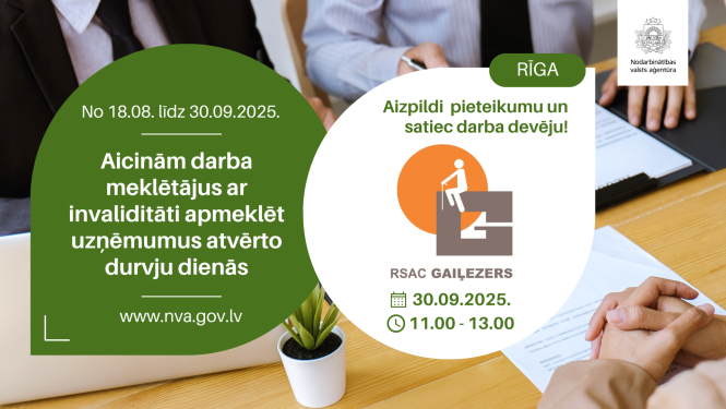 Plakāts. Atvērto durvju dienas uzņēmumos personām ar invaliditāti (18.08.–30.09.2025). Rīga: tikšanās ar darba devēju — “DigiFix” 16.09.2025 plkst. 14.00–16.00. Aicinājums aizpildīt pieteikumu. Fonā cilvēki pie galda, uz kura novietoti dokumenti un CV. Redzami NVA un “DigiFix” logotipi; norādīta vietne www.nva.gov.lv