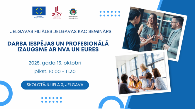 Plakāts. Jelgavas filiāles Jelgavas KAC seminārs “Darba iespējas un profesionālā izaugsme ar NVA un EURES” — 2025. gada 13. oktobrī, plkst. 10.00–11.30, Skolotāju iela 3, Jelgava. ES, NAP2027 un NVA logotipi; labajā pusē divas fotogrāfijas — cilvēki sarunājas birojā un nodarbība pie galda.