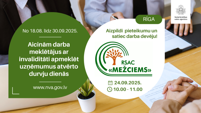 Plakāts. Atvērto durvju dienas uzņēmumos personām ar invaliditāti (18.08.–30.09.2025). Rīga: tikšanās ar darba devēju — “DigiFix” 16.09.2025 plkst. 14.00–16.00. Aicinājums aizpildīt pieteikumu. Fonā cilvēki pie galda, uz kura novietoti dokumenti un CV. Redzami NVA un “DigiFix” logotipi; norādīta vietne www.nva.gov.lv