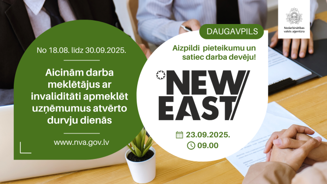 Plakāts. Atvērto durvju dienas uzņēmumos personām ar invaliditāti (18.08.–30.09.2025). Rīga: tikšanās ar darba devēju — VSIA “Traumatoloģijas un ortopēdijas slimnīca” (TOS) 09.09.2025 plkst. 11.00–13.00. Aicinājums aizpildīt pieteikumu. Fonā cilvēki pie galda uz kura novietoti dokumenti un CV. 