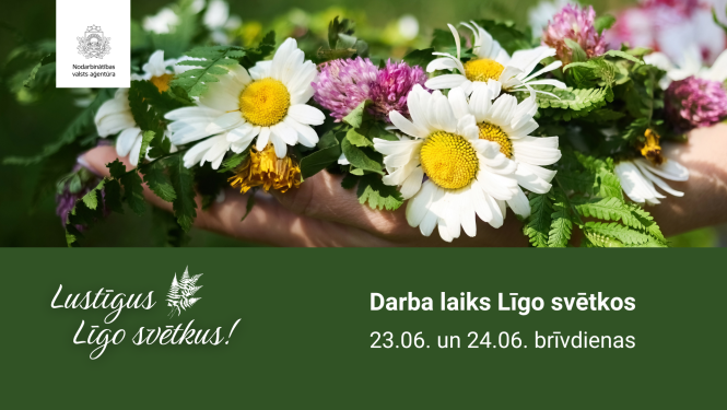 Apsveikuma kartīte ir sadalīta divās daļās. Pirmajā daļā  ilustratīvais attēls - skaisti ziedi. Otrajā daļā teksts: Darba laiks Līgo svētkos. Apraksts zem attēla.