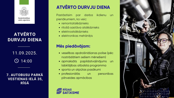 Plakāts. NVA un “Rīgas satiksme” atvērto durvju diena 11.09.2025 plkst. 14.00, 7. autobusu parkā, Vestienas ielā 35, Rīgā. Iepazīstina ar profesijām: remontatslēdznieks, ritošā sastāva atslēdznieks, elektroatslēdznieks, elektronikas mehāniķis. Piedāvā: veselības apdrošināšanu (pēc 6 mēn.), apmaksātu papildu atvaļinājumu un labklājības atbalstu, sporta un atpūtas pasākumus, profesionālās un personības pilnveides apmācības. Redzami NVA un “Rīgas satiksme” logotipi; labajā malā – darbinieks pie tehnikas