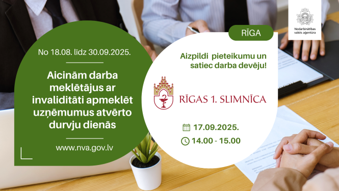 Plakāts. Atvērto durvju dienas uzņēmumos personām ar invaliditāti (18.08.–30.09.2025). Rīga: tikšanās ar darba devēju — VSIA “Traumatoloģijas un ortopēdijas slimnīca” (TOS) 09.09.2025 plkst. 11.00–13.00. Aicinājums aizpildīt pieteikumu. Fonā cilvēki pie galda uz kura novietoti dokumenti un CV. 