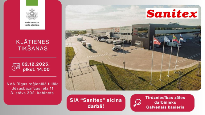 Informācija darba meklētājiem par klātienes tikšanos ar uzņēmumu Sanitex 2. decembrī