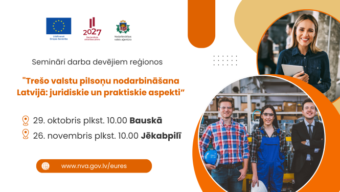 Semināra afiša par trešo valstu pilsoņu nodarbināšanu Latvijā, kurā redzami cilvēki darba vidē.
