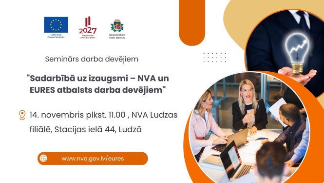 Lapā ir attēls ar cilvēkiem sanāksmē, kuri sēž apkārt galdam, kā arī vīrietis, kurš tur rokā spuldzīti, kas simbolizē izaugsmi, un informācijas par pasākumu atkārtojums