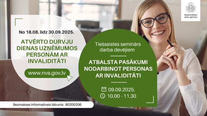 Smaidoša sieviete ar brillēm un pildspalvu rokās, blakus – teksts par NVA atvērto durvju dienām uzņēmumos personām ar invaliditāti un tiešsaistes semināru darba devējiem par atbalsta pasākumiem 09.09.2025. plkst. 10.00–11.30.