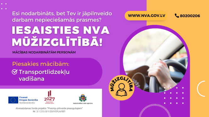 Vizualizācija ar aicinājumu iesaistīties NVA mūžizglītības programmā, apgūstot transportlīdzekļu vadīšanu. Redzamas rokas uz stūres
