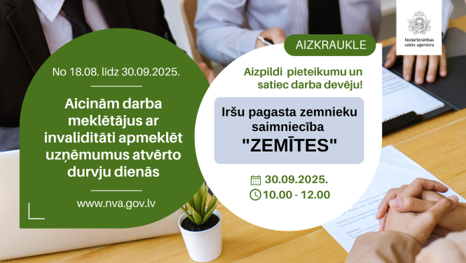 Plakāts. Atvērto durvju dienas uzņēmumos personām ar invaliditāti (18.08.–30.09.2025). Rīga: tikšanās ar darba devēju — VSIA “Traumatoloģijas un ortopēdijas slimnīca” (TOS) 09.09.2025 plkst. 11.00–13.00. Aicinājums aizpildīt pieteikumu. Fonā cilvēki pie galda uz kura novietoti dokumenti un CV. 
