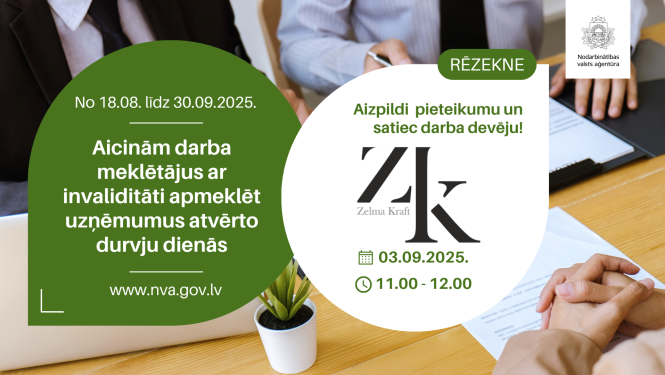 Plakāts. Atvērto durvju dienas uzņēmumos personām ar invaliditāti (18.08.–30.09.2025). Rēzekne: tikšanās ar darba devēju — SIA “Zel&K” 03.09.2025 plkst. 11.00–12.00. Aicinājums aizpildīt pieteikumu. Fonā cilvēki pie galda, uz kura novietoti dokumenti un CV. Redzami NVA un “Zelma Kraft” logotipi; norādīta vietne www.nva.gov.lv