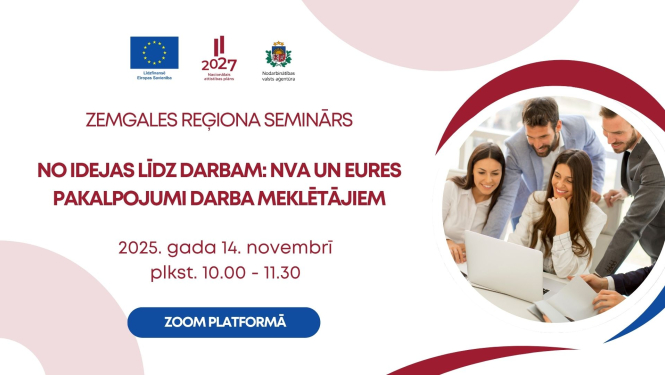 Afiša par semināru "No idejas līdz darbam : NVA un EURES pakalpojumi darba meklētājiem" Zoom platformā. Attēlā redzami divi vīrieši un divas sievietes pie datora.