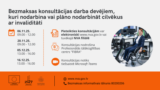 Afiša, kas informē par bezmaksas tiešsaistes konsultācijām darba devējiem par cilvēku ar invaliditāti nodarbināšanu
