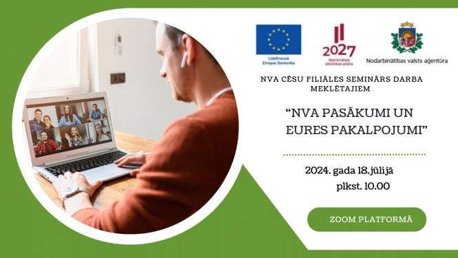 Attēls ir sadalīts divās daļās. Pirmajā daļā  ilustratīvais attēls. Otrajā daļā teksts un logo. Apraksts zem attēla.