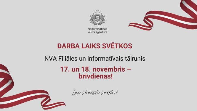 Attēlā sarkanbaltsarkanas lentes Latvijas valsts svētku noskaņā, informācija par NVA darba laiku svētkos.