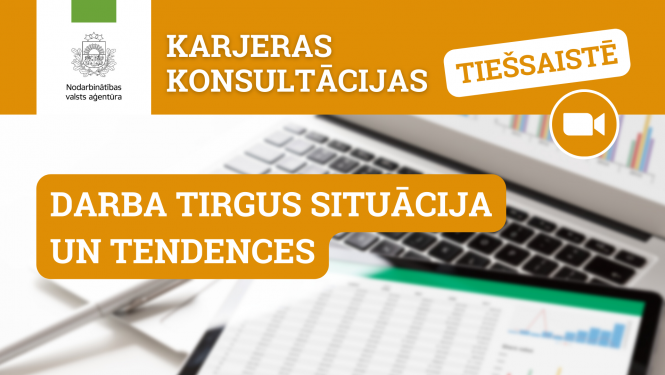 NVA logo, tekstuāls saturs, fons: foto, dators un statistiskie grafiki
