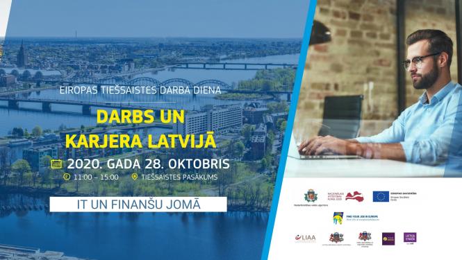 Rīgas panorāmas skats, vīrietis strādā birojā, sēž pie galda ar klēpjdatoru, valsts pārvaldes iestāžu un Eiropas Savienības fondu logotipi