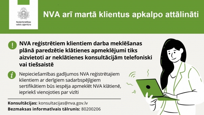 NVA logo, teksts un ilustrācija: darbinieks ar datoru