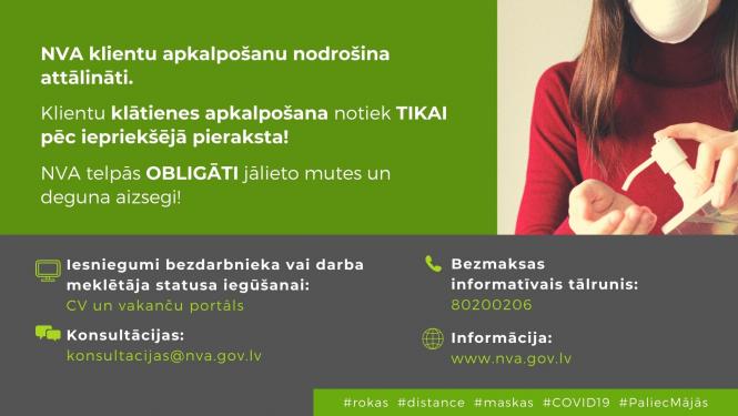 Teksts, sieviete medicīniskā maska un dezinficējošs līdzeklis