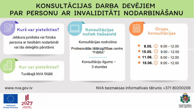 Attēls ir sadalīts divās daļās. Pirmajā daļā teksts: NVA aicina darba devējus pieteikties vajadzīgo darbinieku praktiskai apmācībai. Otrajā daļāl logo. Apraksts zem attēla.