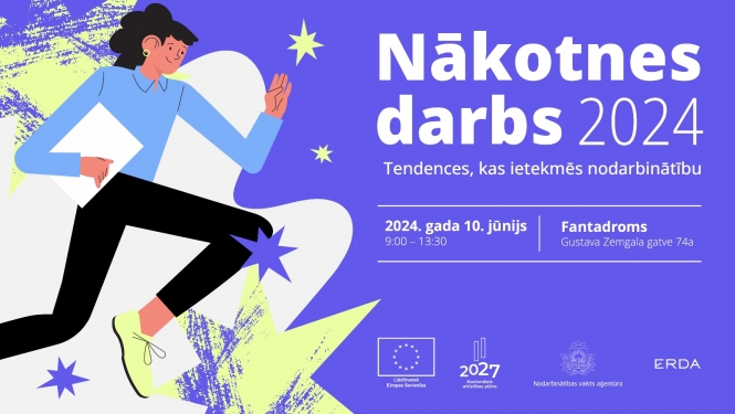 Attēls ir sadalīts divās daļās. Pirmajā daļā Ilustratīvs attēls. Otrajā daļā teksts "Nākotnes darbs 2024" un logo. Apraksts zem attēla.