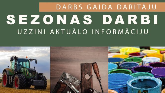 Attēlu kolāža, traktors novāc ražu, redzami būvdarbu instrumenti dažādās krāsās