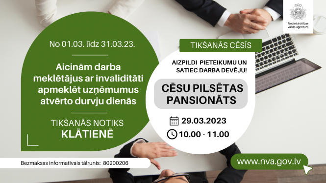 Vizualizācija, NVA logo, teksts, "Cēsu pilsētas pansionāts" logo, foto: Klātienes tikšanās ar darba devēju