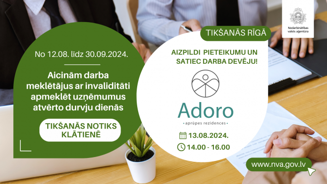 Vizualizācija, NVA aicina darba meklētājus ar invaliditāti apmeklēt uzņēmumus atvērto durvju dienās no 12.08. līdz 30.09.2024. Apraksts zem attēla.