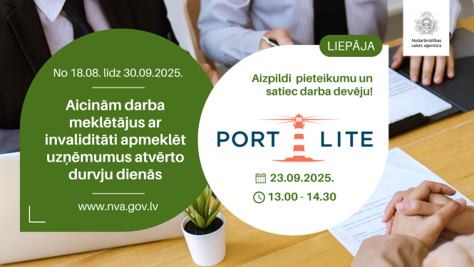 Plakāts. Atvērto durvju dienas uzņēmumos personām ar invaliditāti (18.08.–30.09.2025). Rīga: tikšanās ar darba devēju — VSIA “Traumatoloģijas un ortopēdijas slimnīca” (TOS) 09.09.2025 plkst. 11.00–13.00. Aicinājums aizpildīt pieteikumu. Fonā cilvēki pie galda uz kura novietoti dokumenti un CV. 