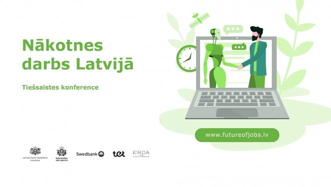 Teksts, logo, zīmējums: klēpjdators, robots un cilvēks 
