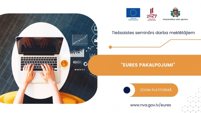 Attēls ir sadalīts divās daļās. Pirmajā daļā attēlotais cilvēks kurš piedalās seminārā. Otrajā daļā teksts, un logo. Notikuma apraksts zem attēla. 