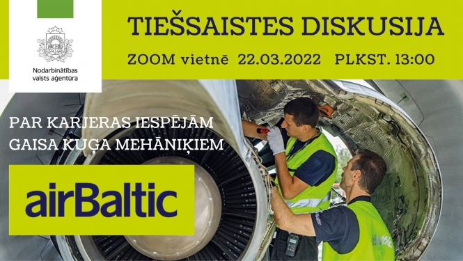 NVA logo, AIR BALTIC logo, tekstuāls saturs, fons: lidmašīnas mehāniķi pārbauda lidmašīn turbīnu