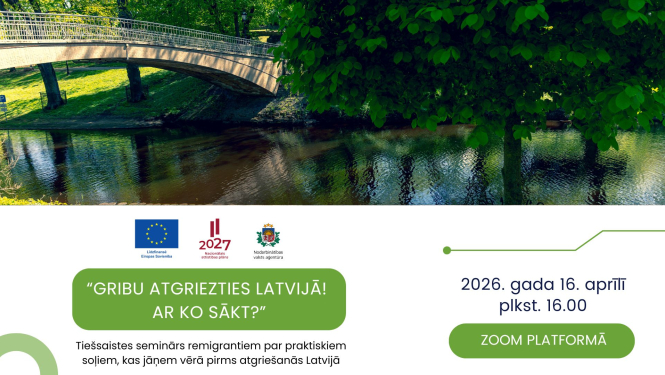 Lapā attēlots skats pār Rīgas kanālu un informācija par semināru