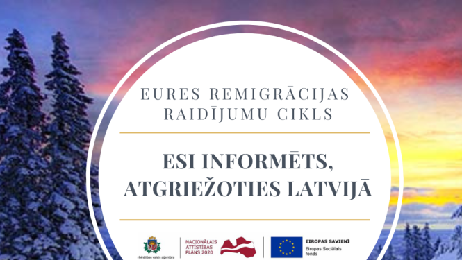 Vizualizācija, ESF un NVA logo, tekstuāls saturs; foto: skaists ziemas mežs