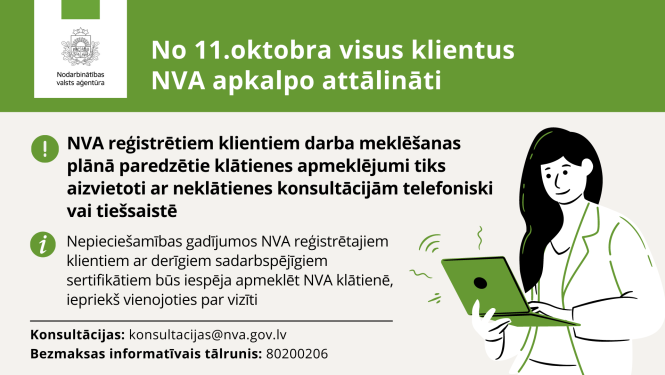 NVA logo, teksts un ilustrācija: darbinieks ar datoru