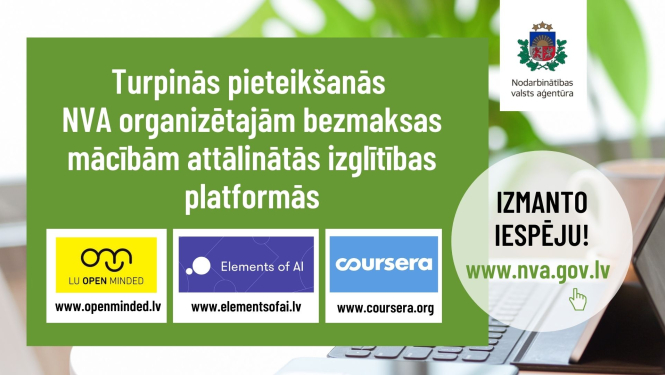 Teksts, NVA logo, klēpjdators, logo Open Minded, logo coursera, logo elementsofai 
