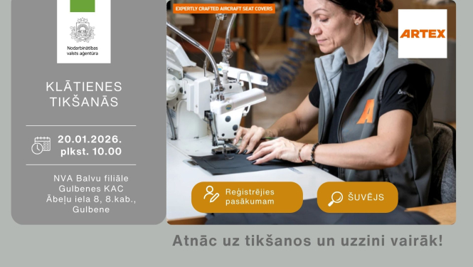 Plakāts, paziņojums par tikšanos ar darba devēju-attēlā meitene pie šijmašīnas