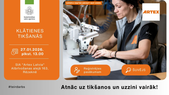 Lapā redzama šuvēja pie šūšanas tehnikas veicot darba pienākumus. Atkārtota informācija par semināra norises vietu un laiku