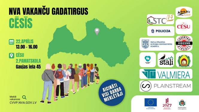 NVA vakanču gadatirgus Cēsīs 22. aprīlī – plakāts uz zaļa fona ar Latvijas karti un uzņēmumu logotipiem.