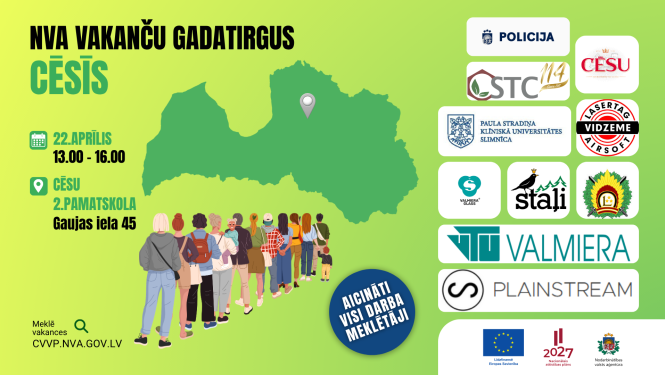 NVA vakanču gadatirgus Cēsīs 22. aprīlī – plakāts uz zaļa fona ar Latvijas karti un uzņēmumu logotipiem.