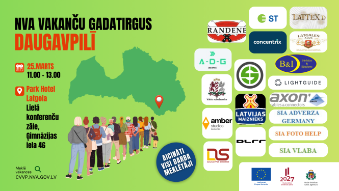 NVA vakanču gadatirgus Daugavpilī 25. martā – plakāts ar uzņēmumu logotipiem un Latvijas karti uz zaļa fona.
