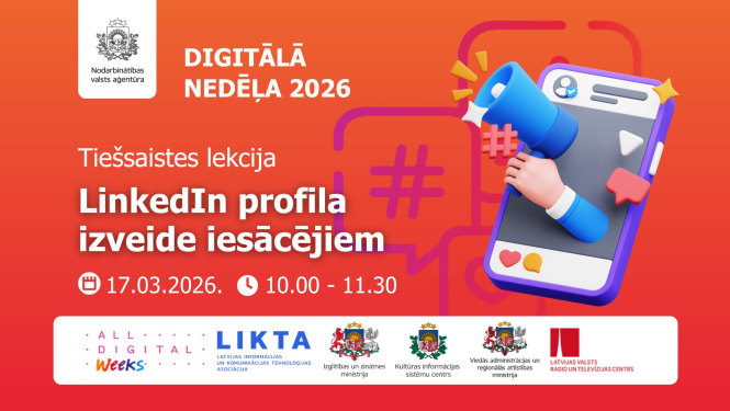 Plakāts par tiešsaistes lekciju “LinkedIn profila izveide iesācējiem” ar attēlu pa labi — tālrunis ar soctīkla ikonām.