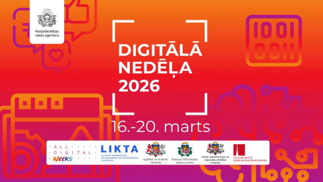 Tehnoloģiju un digitālās vides ikonas uz koša oranži–rozā fona.