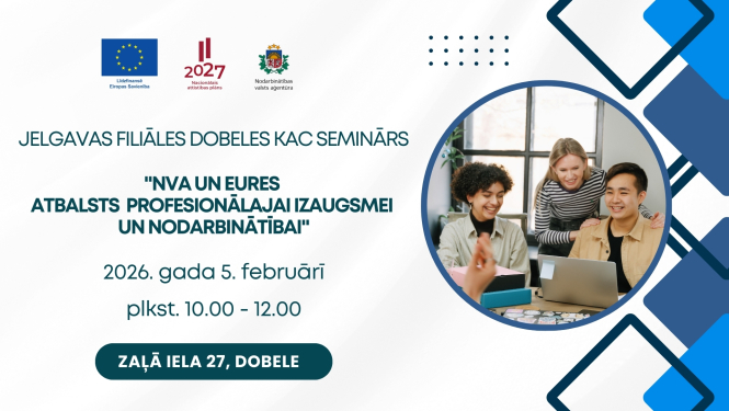 Pasākuma afiša. Attēlā redzmi trīs cilvēki pie datora sapulcē.