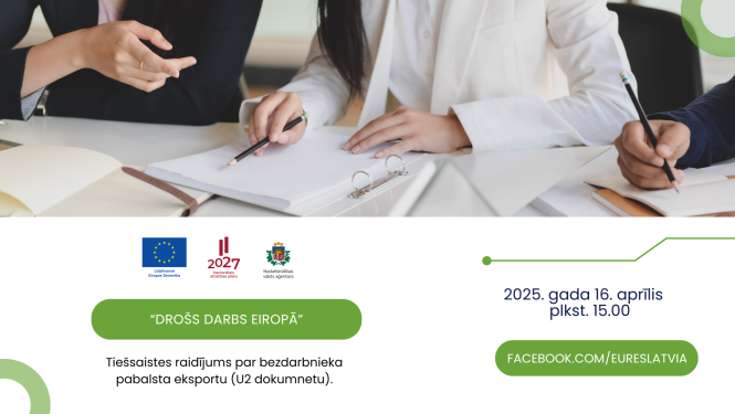 NVA EURES tiešsaistes raidījums “Drošs darbs Eiropā” par bezdarbnieka pabalsta eksportu. Logo un attēls - biroja darba vid